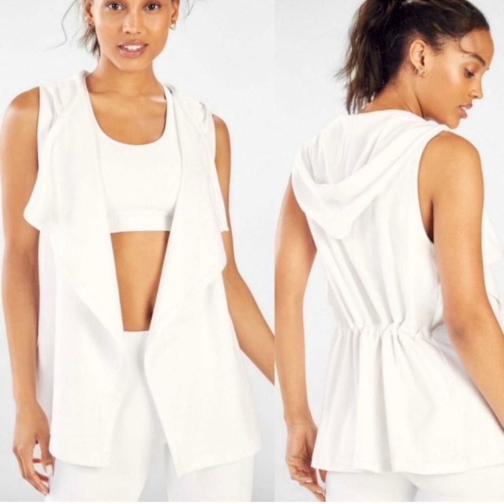 Fabletics White Hooded Vest Open Front Cardigan Drawstring Back Size XL